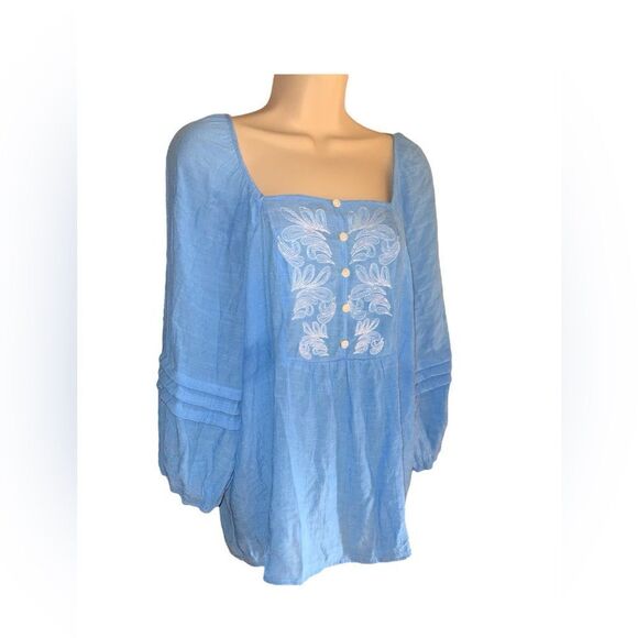 Cato blue Floral Embroidery square Neck Lantern Sleeve Blouse - Picture 1 of 6